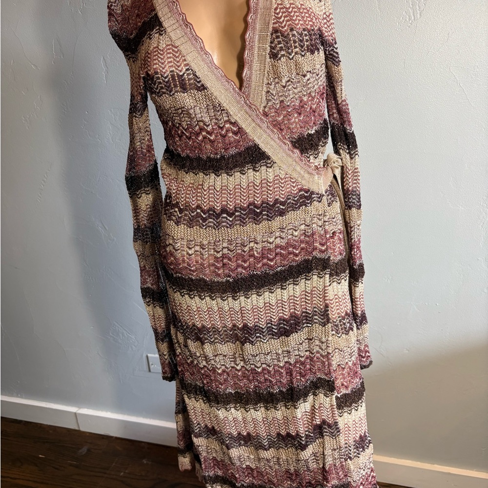 Women’s Wrap Dress in Cream, Pink & Brown Stripes